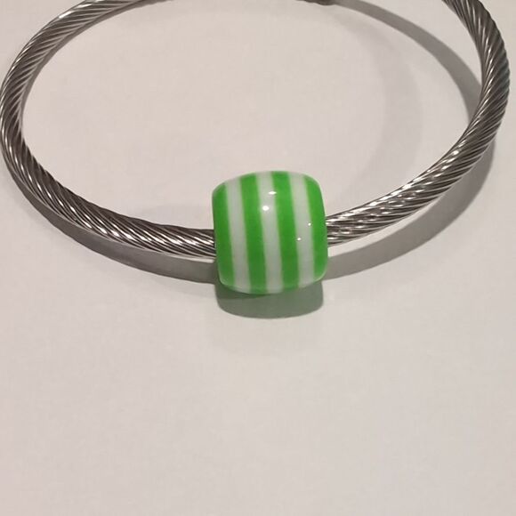 Green and White Striped Charm for Pandora Style Bracelet - Picture 2 of 4